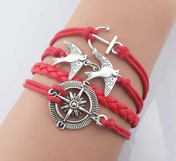 Christmas Gift - Compass Silver Bracelet, Two Birds Bracelets, Anchor Bracelet, Double Dove, Women And Men Jewelry , Bracelet Sailing Sailor
